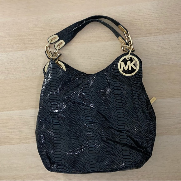 Michael Kors Handbags - Michael Kors Black Patent Embossed Python Hobo